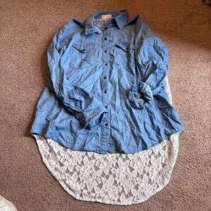 Altar’d State denim button down Lace back Size Large high low